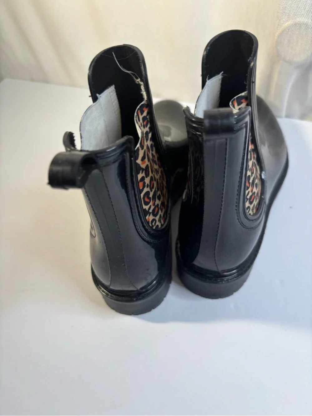 Black Gloss Rain Boots with Leopard Elastic Panels size 9